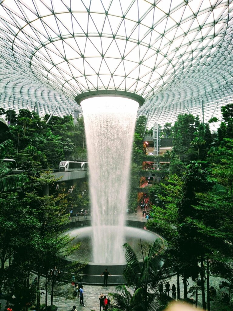 singapore jewel, singapore, airport, jewel, changi, landmark, modern, indoor, nature, waterfall, asia, green waterfall